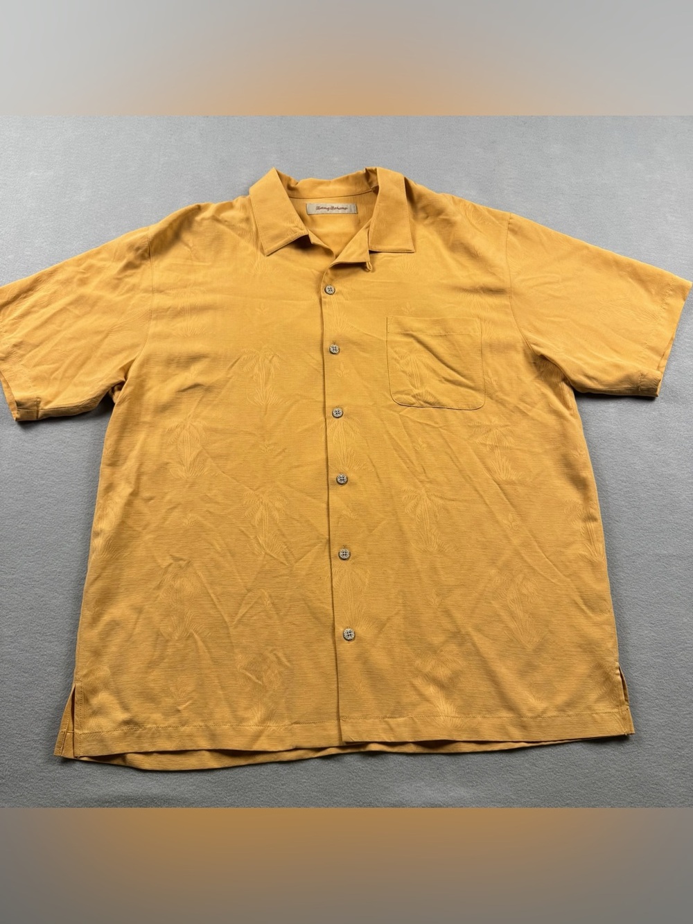 Tommy Bahama 100% Silk Camp Shirt Men's Large Orange Short Sleeve Hidden Print